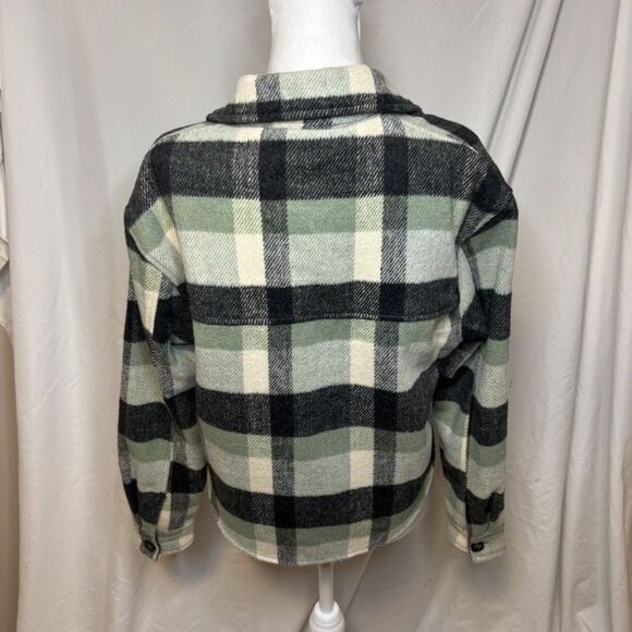 Joie Plaid Wool Flannel Shirt Jacket Comfy Womens Button Up Green Cream Black - Picture 6 of 9